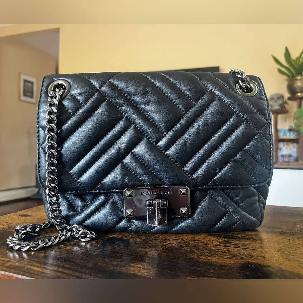 Michael Kors Black Quilted Crossbody Bag with Gun Metal Chain Strap